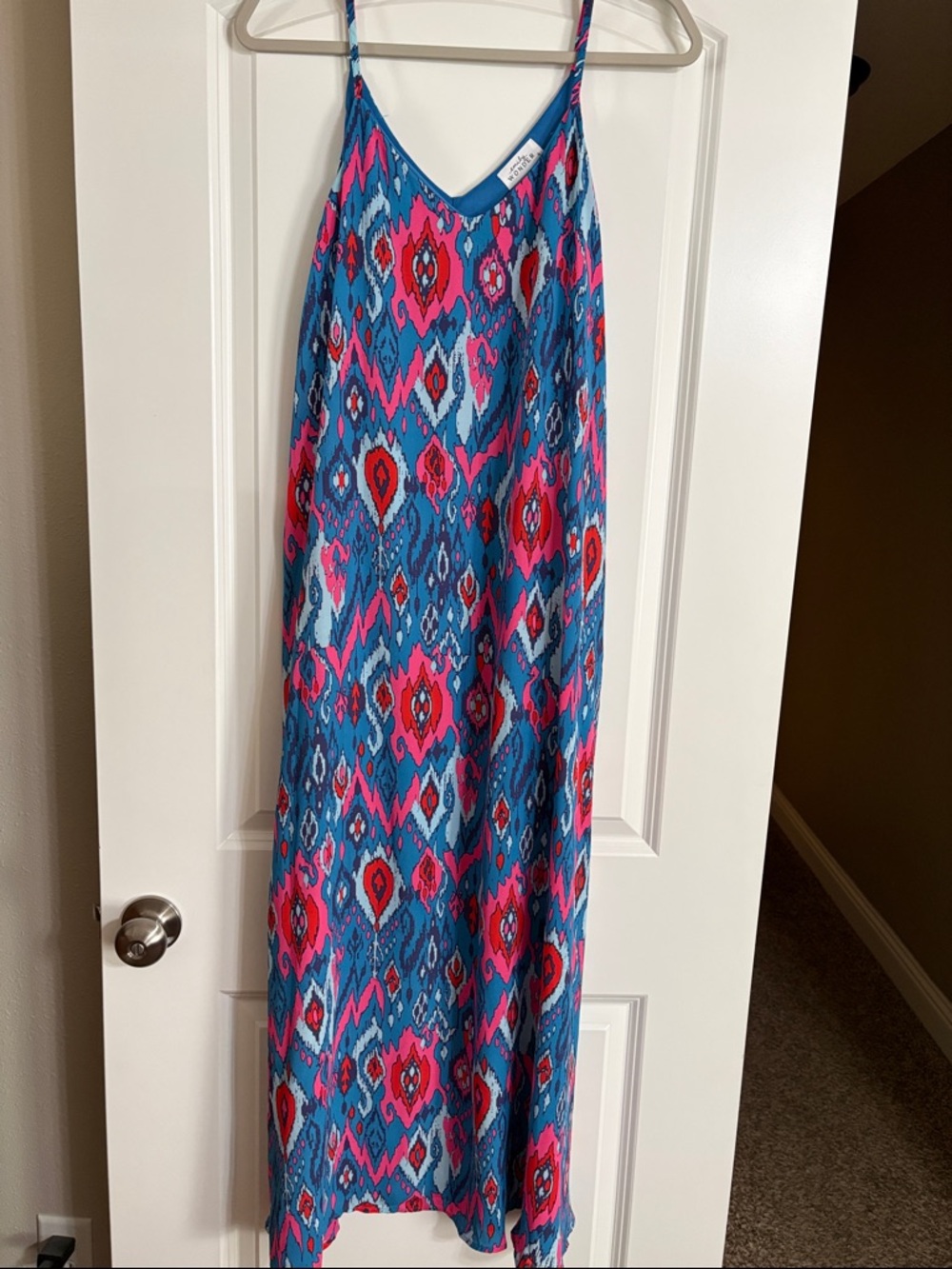 Spaghetti Strap Maxi Dress in Blue & Pink Ikat Print